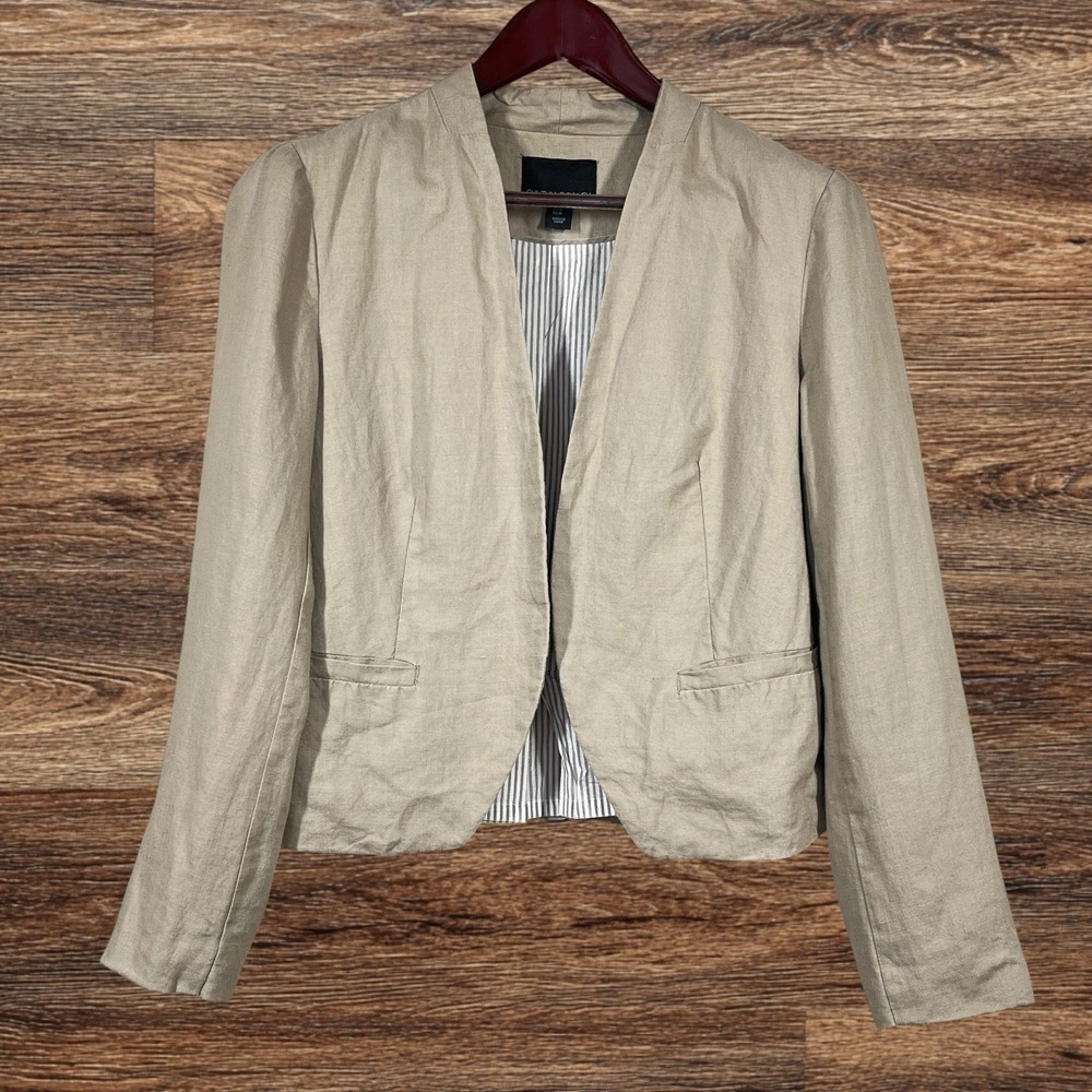 Cynthia Rowley 100% Linen Peplum Blazer Womens M Beige Open Front Preppy Coastal